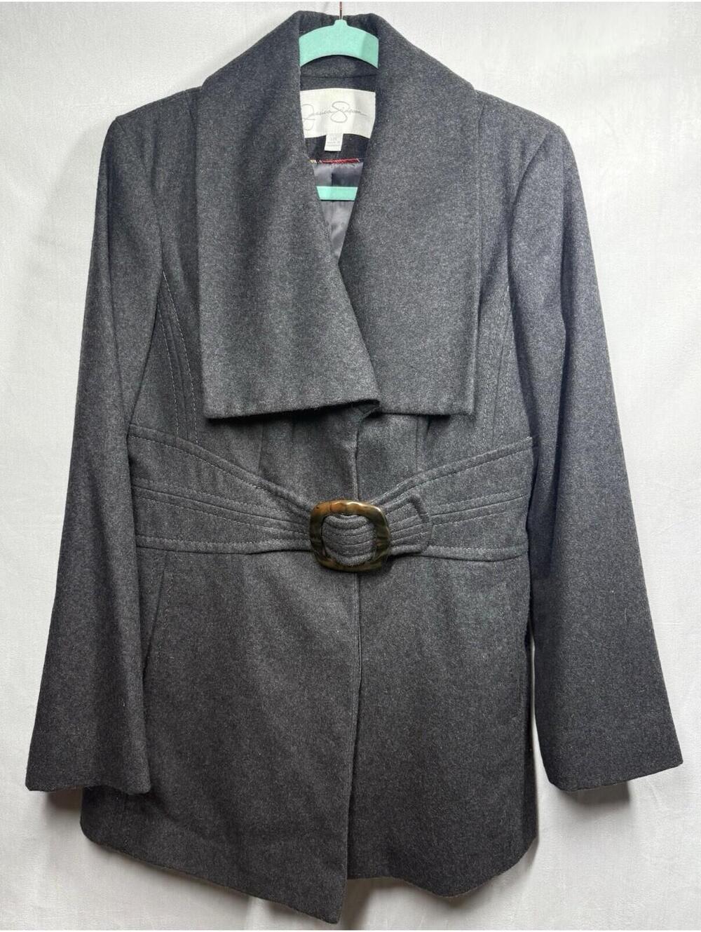 Jessica Simpson Coat Women Sz Large Gray Wool Blend Belted Button Peacoat Jacket